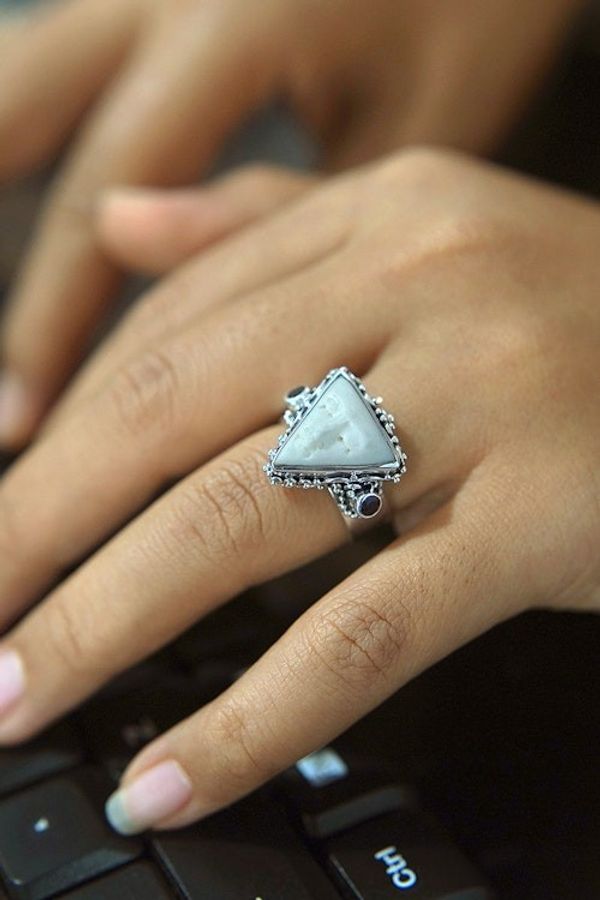 Alternate image for Silver Garnet Cocktail Ring with Carved Triangular Face Triangle Face