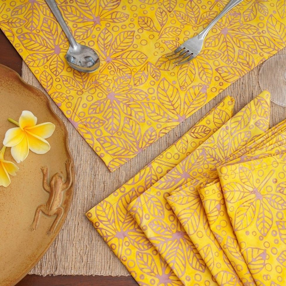 Tropical Leafy 6-Piece Lemon Yellow 100 Cotton Napkin Set 'Lemon Banquet'