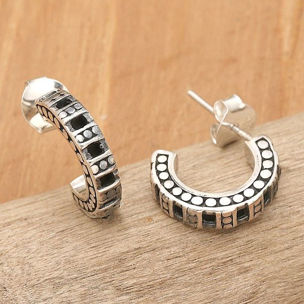 Alternate image for Oxidized and Polished Sterling Silver Half-Hoop Earrings Island Wheel