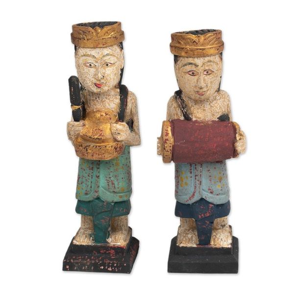 Alternate image for 2 Wood Sculptures of Men Playing Balinese Musical Instrument Kempluk Players