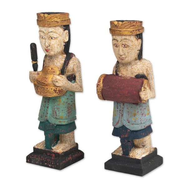 Alternate image for 2 Wood Sculptures of Men Playing Balinese Musical Instrument Kempluk Players