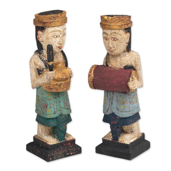 Alternate image for 2 Wood Sculptures of Men Playing Balinese Musical Instrument Kempluk Players