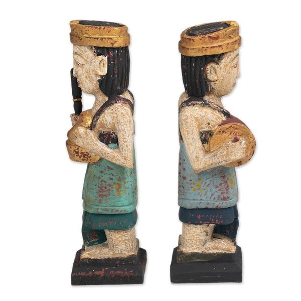 Alternate image for 2 Wood Sculptures of Men Playing Balinese Musical Instrument Kempluk Players