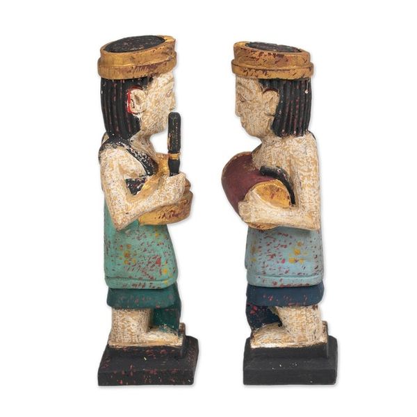 Alternate image for 2 Wood Sculptures of Men Playing Balinese Musical Instrument Kempluk Players