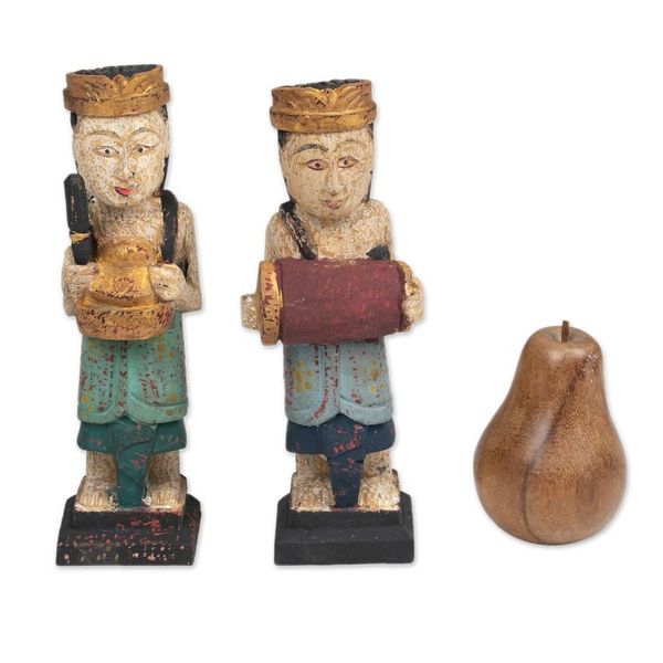 Alternate image for 2 Wood Sculptures of Men Playing Balinese Musical Instrument Kempluk Players