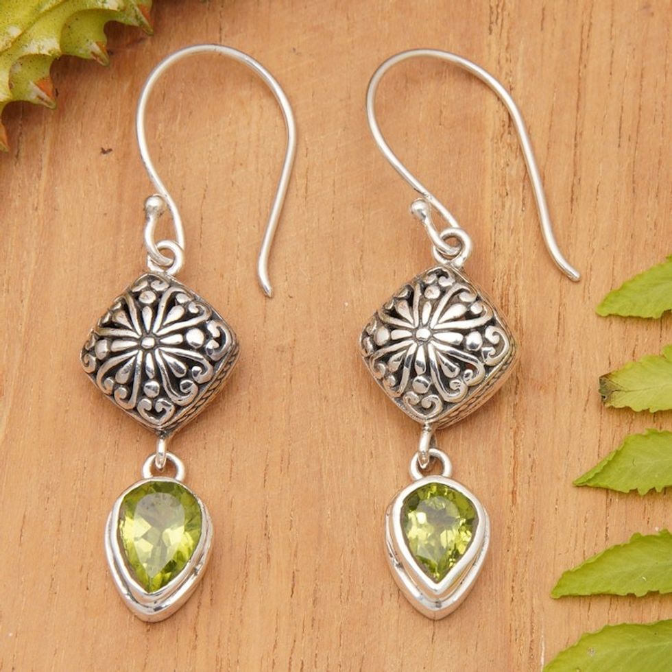 Sterling Silver Dangle Earrings with Pear Peridot Gemstones 'Heavenly Green'