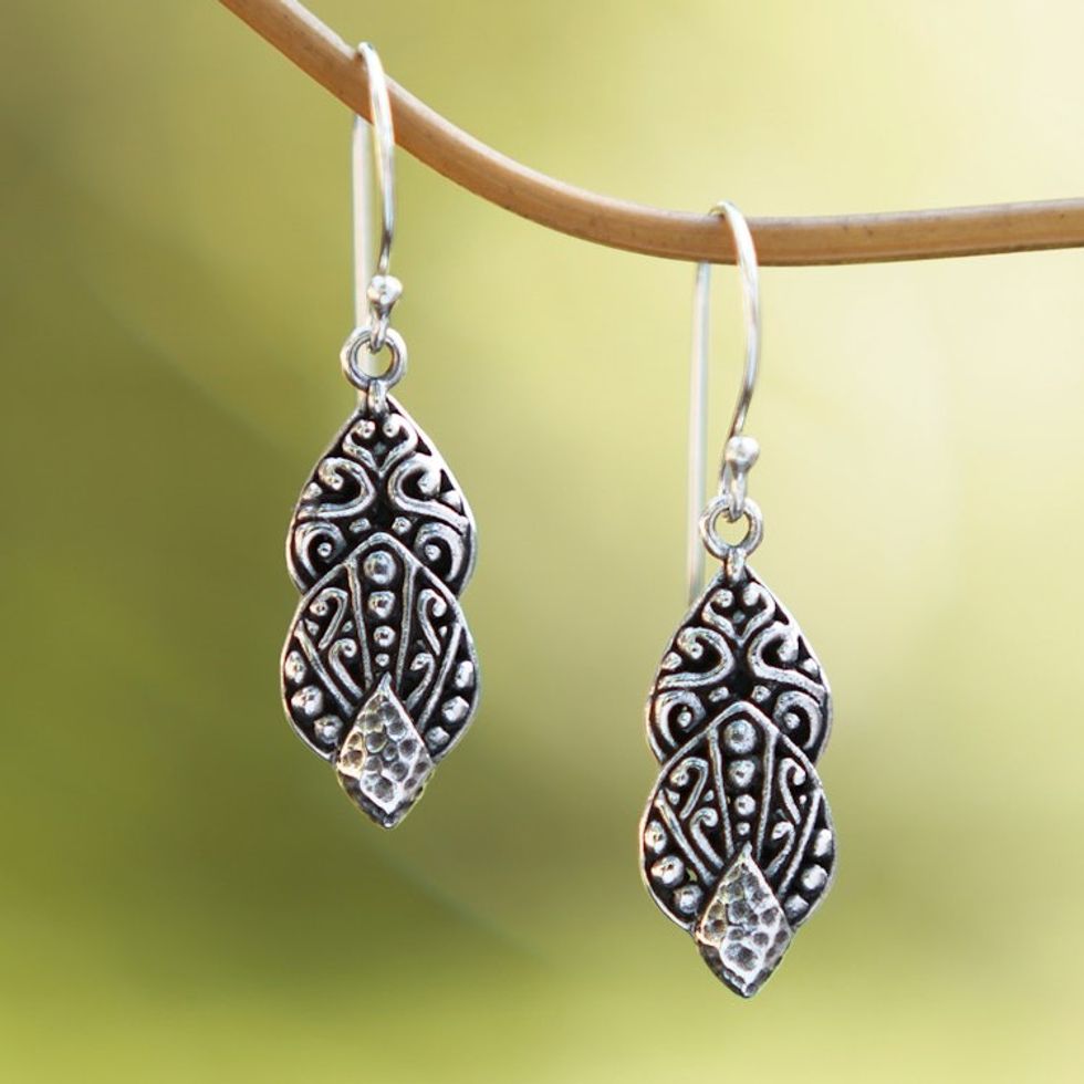 Traditional Sterling Silver Dangle Earrings Made in Bali 'Tropical Nobility'
