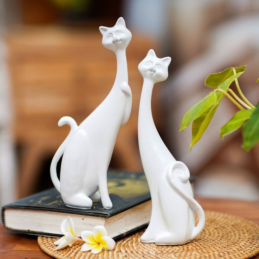 Set of 2 Handcrafted Cement and Lava Sand Cat Sculptures 'Feline Finesse'