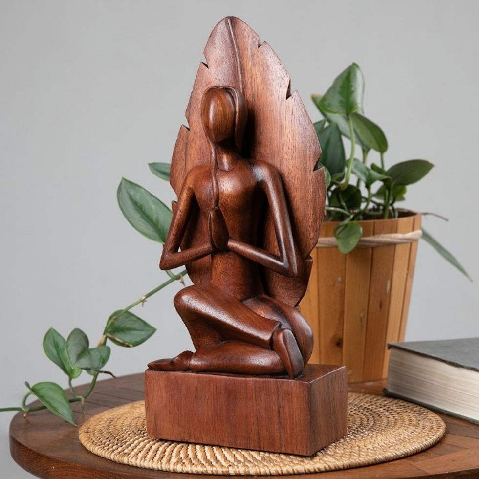 Hand-Carved Yoga Pose Suar Wood Sculpture from Bali 'Yoga Portrait'