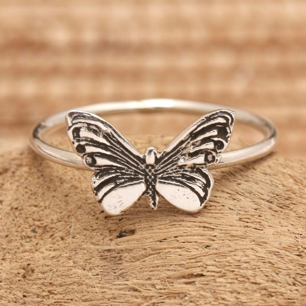 Inspirational Butterfly-Themed Sterling Silver Cocktail Ring 'Fluttering Life'
