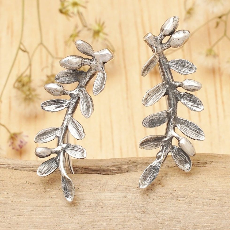 Nature-Themed Leafy Sterling Silver Ear Climber Earrings 'Orchid Leaves'
