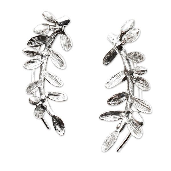 Alternate image for Nature-Themed Leafy Sterling Silver Ear Climber Earrings Orchid Leaves