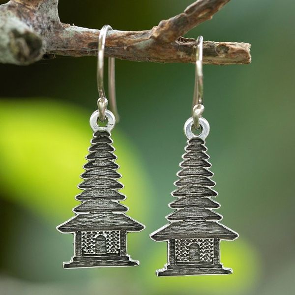 Alternate image for Silver Dangle Earrings Inspired by Balinese Pelinggih Altars Pelinggih