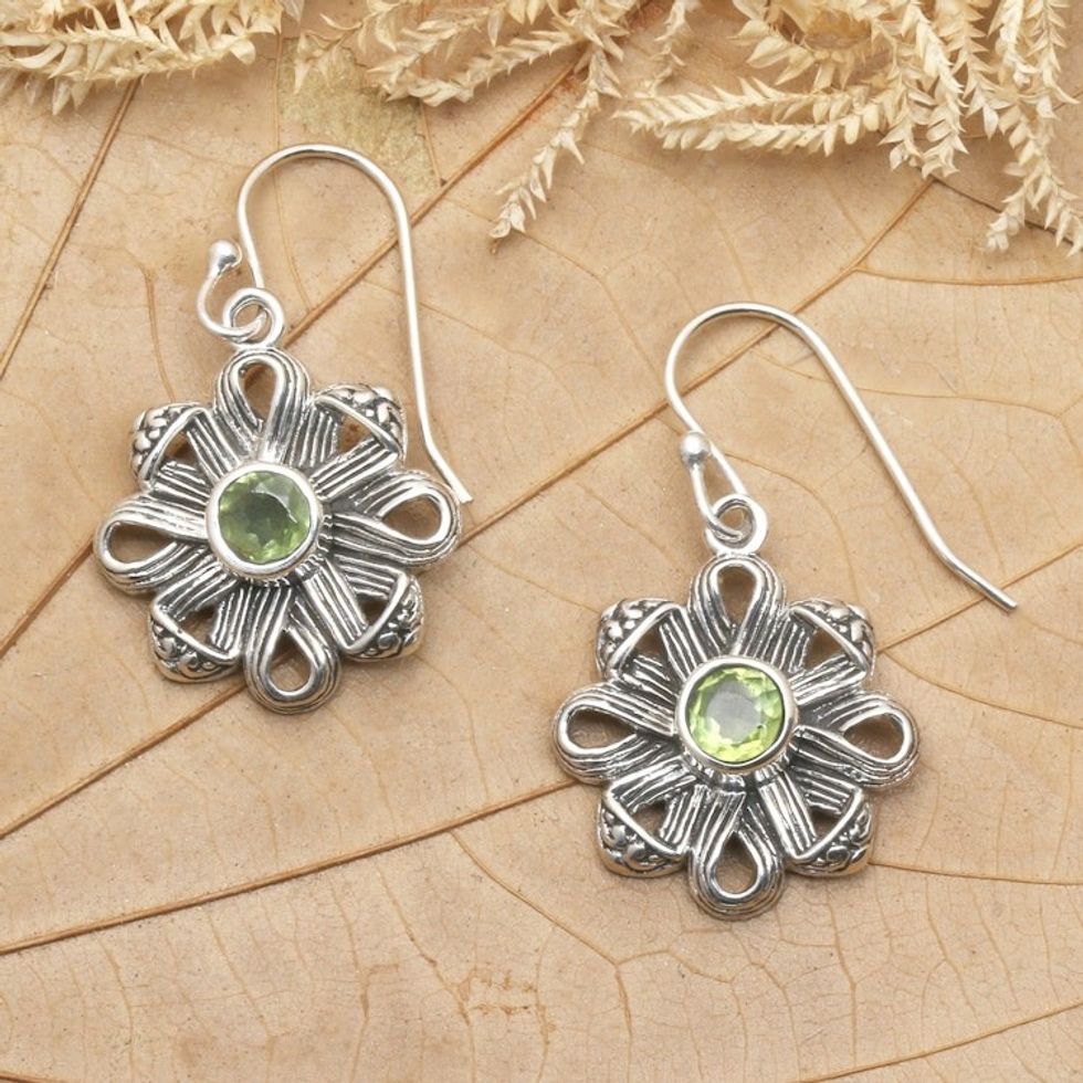 Traditional Canang Sari Natural Peridot Dangle Earrings 'Canang Sari'