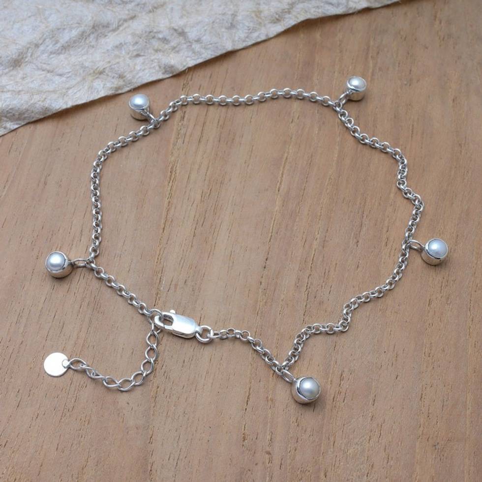 Sterling Silver Anklet with Cultured Pearl Charms from Bali 'Ocean Treasures'