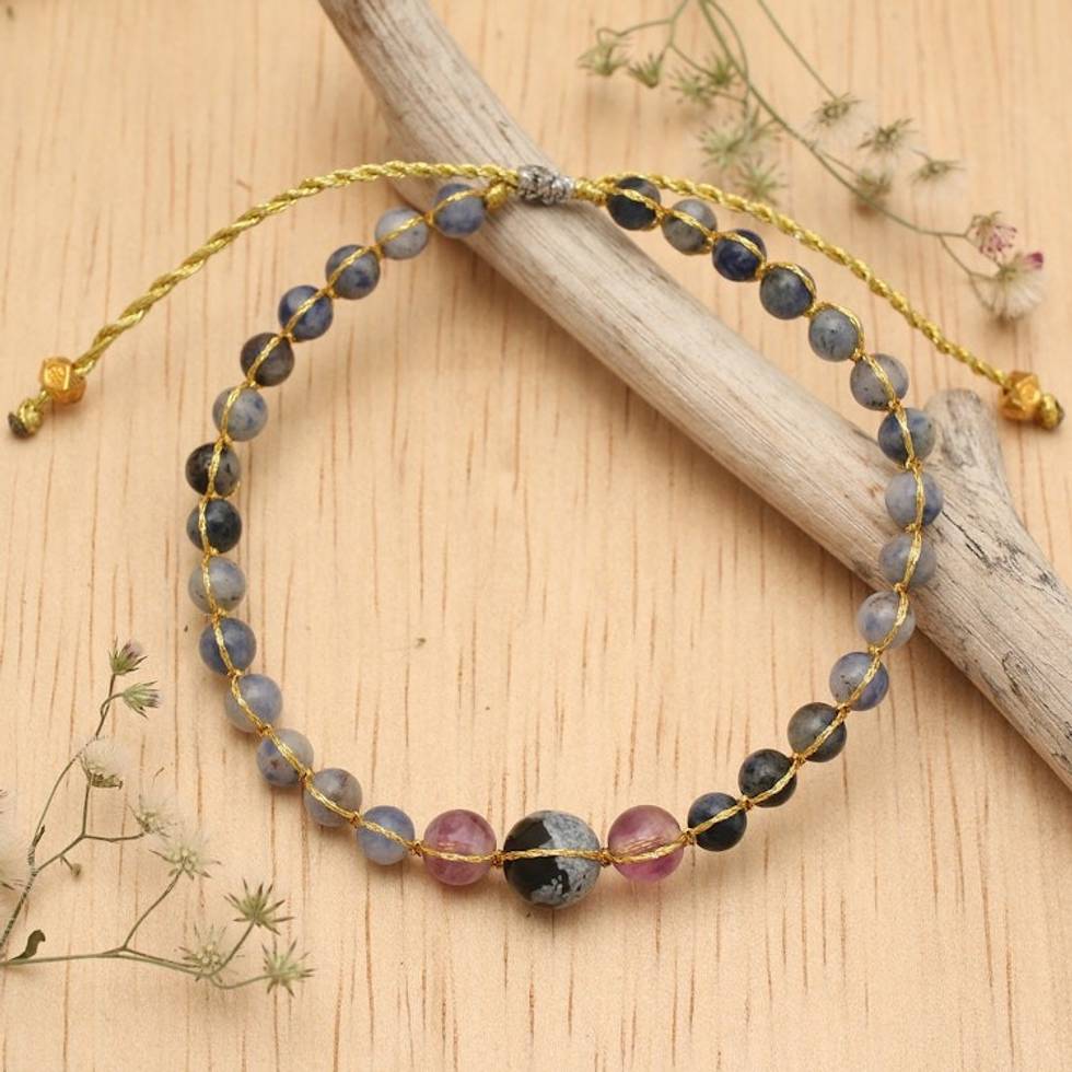 Gold-Accented Multi-Gemstone Beaded Yoga Pendant Bracelet 'Breathe In and Out'