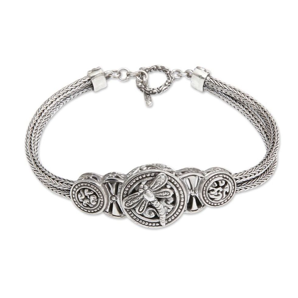 Classic Dragonfly-Themed Sterling Silver Pendant Bracelet 'Dragonfly Medal'