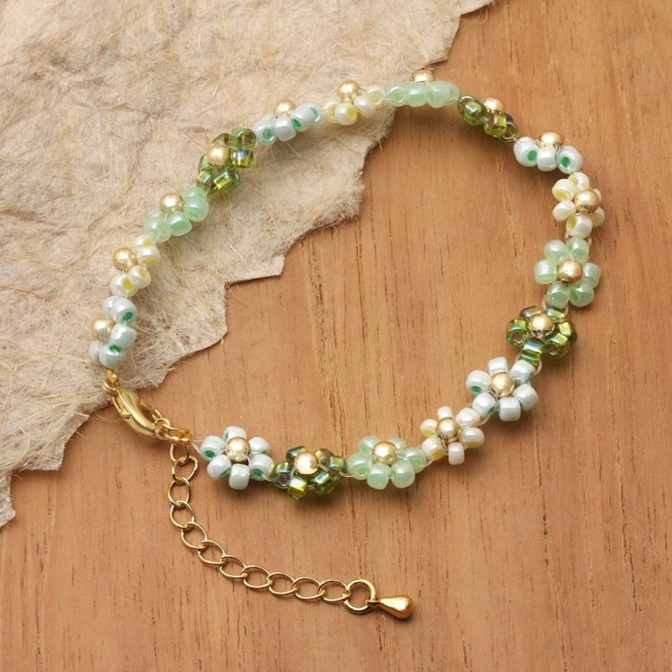 18k Gold-Accented Crystal Beaded Bracelet in Green and Aqua 'Lagoon Petals'