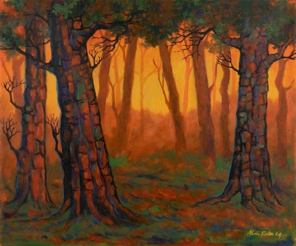 Impressionist Orange and Green Acrylic Painting of a Forest 'The Primordial Forest'