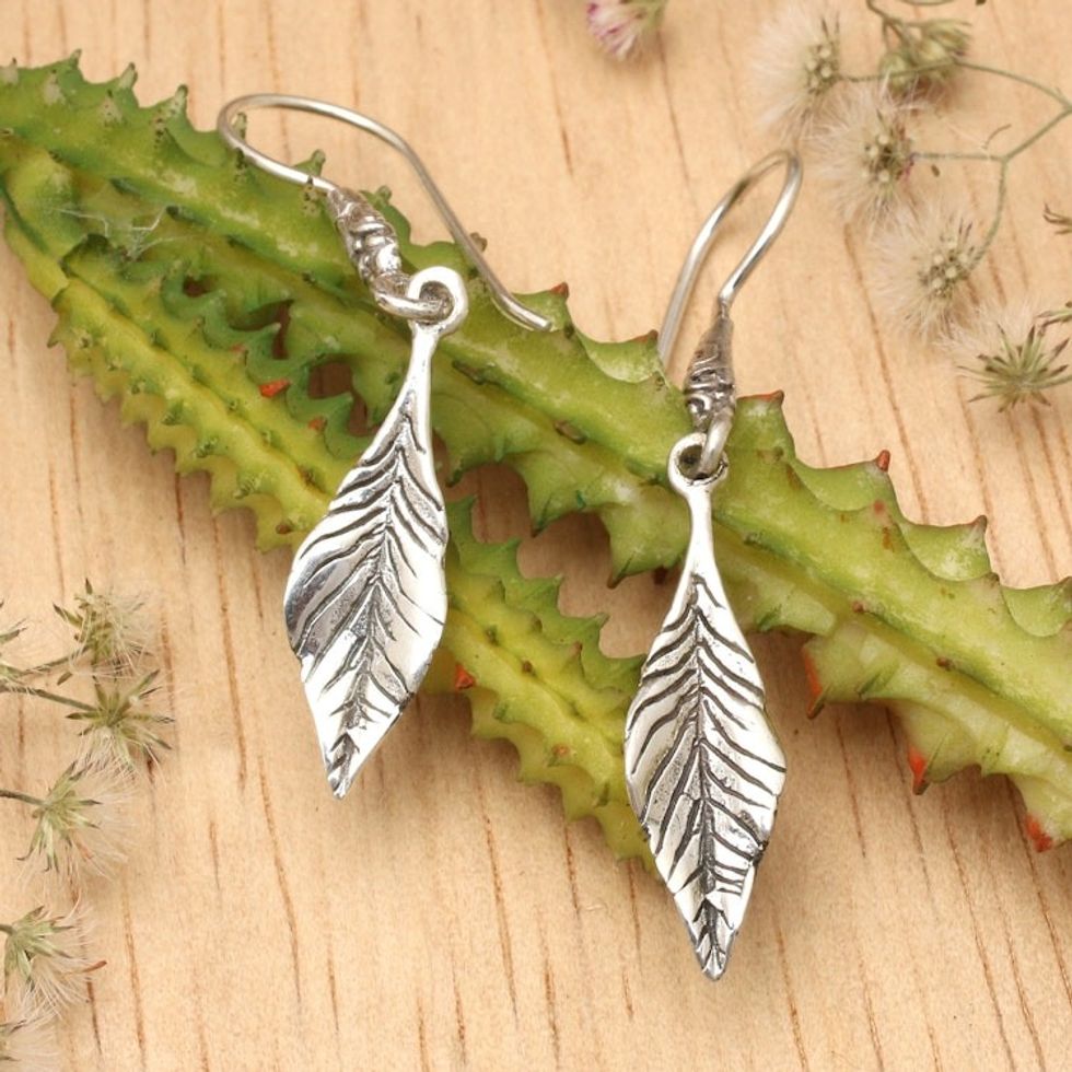 Nature-Themed Leaf-Shaped Sterling Silver Dangle Earrings 'Immortal Leaves'