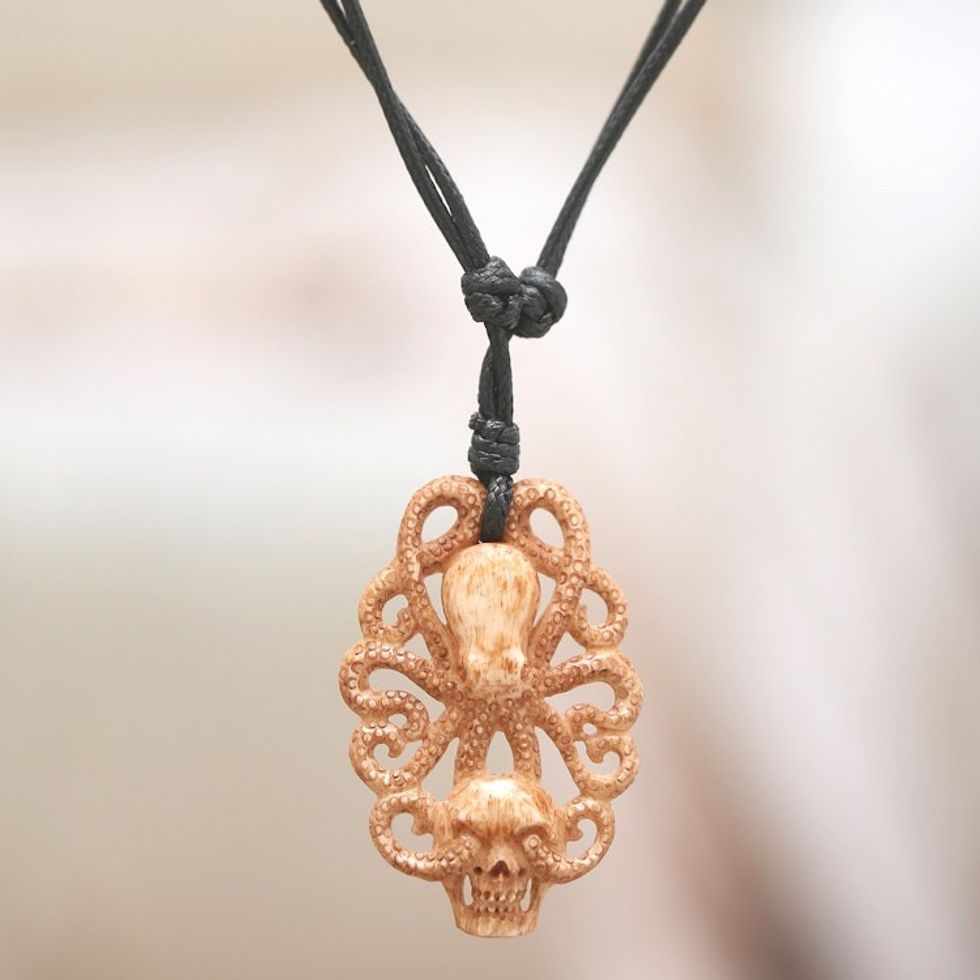 Hand-Carved Kraken-Themed Cotton Cord Pendant Necklace 'King of Depths'
