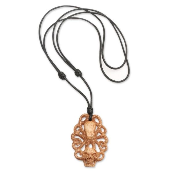 Alternate image for Hand-Carved Kraken-Themed Cotton Cord Pendant Necklace King of Depths