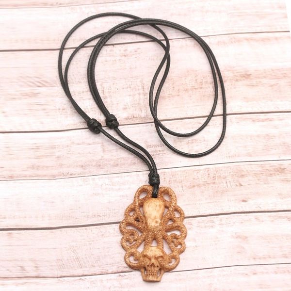 Alternate image for Hand-Carved Kraken-Themed Cotton Cord Pendant Necklace King of Depths