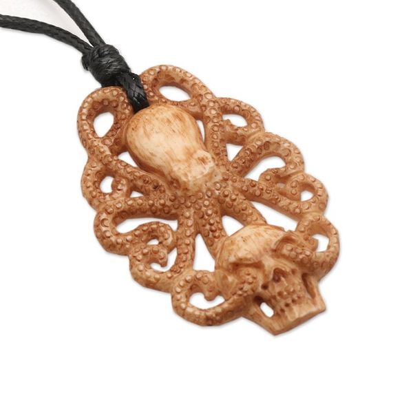 Alternate image for Hand-Carved Kraken-Themed Cotton Cord Pendant Necklace King of Depths