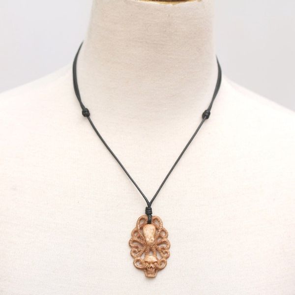Alternate image for Hand-Carved Kraken-Themed Cotton Cord Pendant Necklace King of Depths