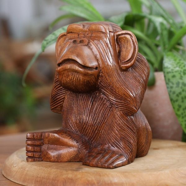 Alternate image for Suar Wood Orangutan Sculpture Hand-Carved in Bali Cheeky Orangutan