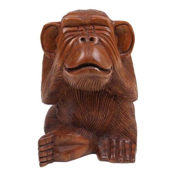 Alternate image for Suar Wood Orangutan Sculpture Hand-Carved in Bali Cheeky Orangutan
