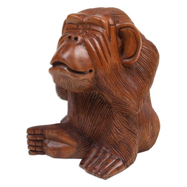 Alternate image for Suar Wood Orangutan Sculpture Hand-Carved in Bali Cheeky Orangutan