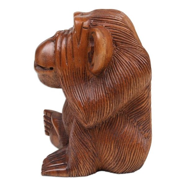 Alternate image for Suar Wood Orangutan Sculpture Hand-Carved in Bali Cheeky Orangutan