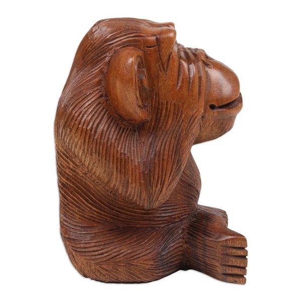Alternate image for Suar Wood Orangutan Sculpture Hand-Carved in Bali Cheeky Orangutan