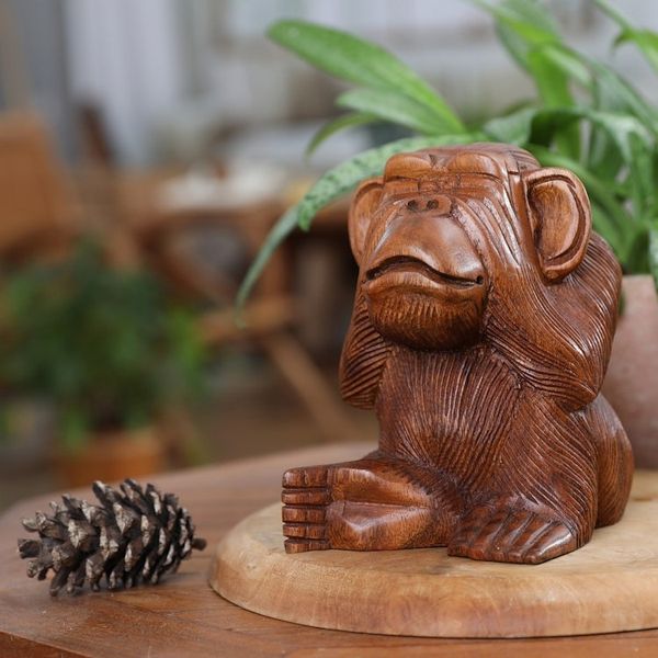 Alternate image for Suar Wood Orangutan Sculpture Hand-Carved in Bali Cheeky Orangutan
