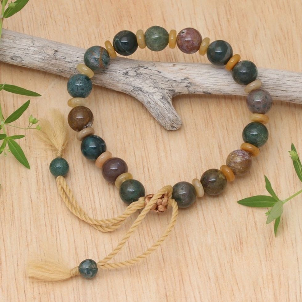 Bohemian Adjustable Bloodstone and Beryl Beaded Bracelet 'Heroic Waves'