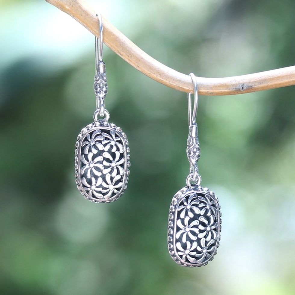 Oxidized Polished Sterling Silver Floral Dangle Earrings 'Fantasy Blooms'