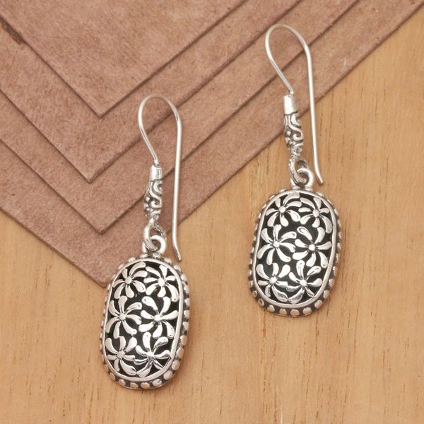 Alternate image for Oxidized Polished Sterling Silver Floral Dangle Earrings Fantasy Blooms