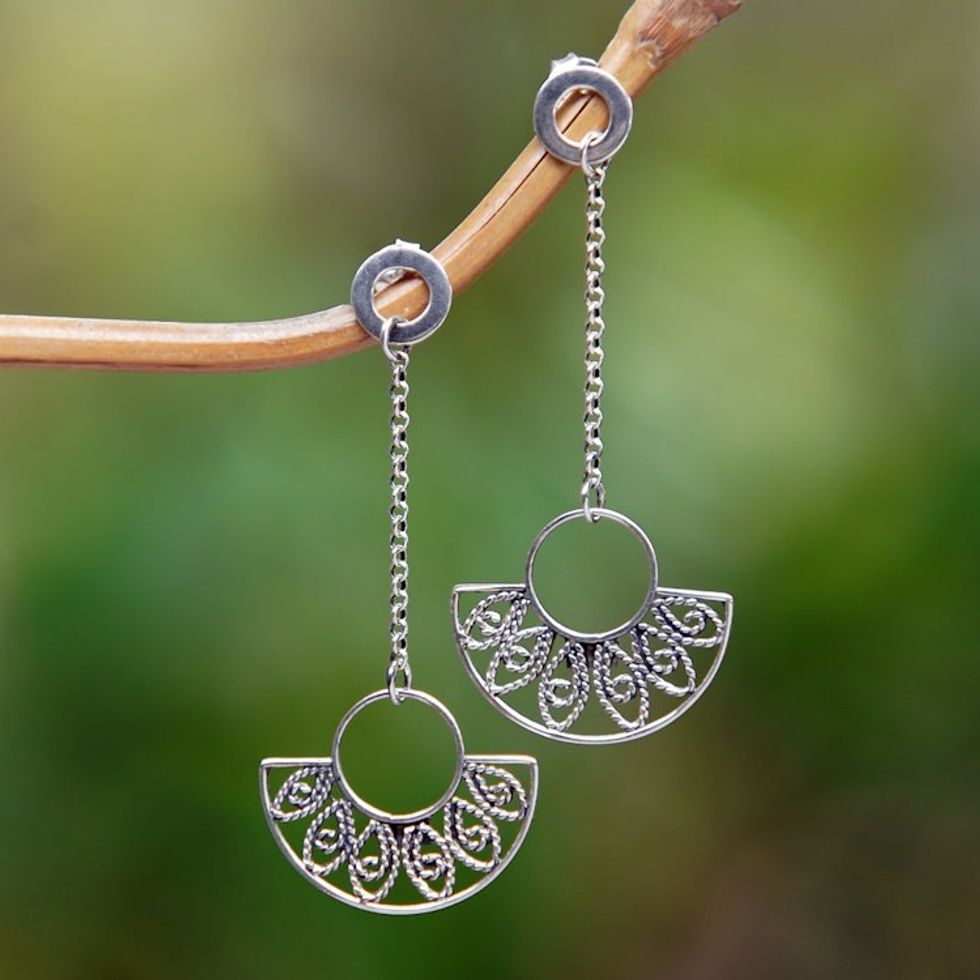 Fan-Inspired Openwork Sterling Silver Dangle Earrings 'Gorgeous Glam'