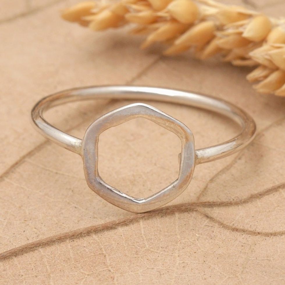 Modern Hexagon Geometric Sterling Silver Band Ring from Bali 'Hexagon Glam'