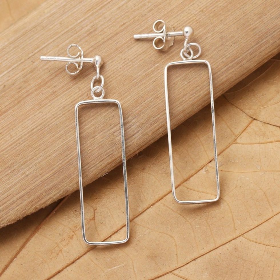 Modern Rectangular Sterling Silver Dangle Earrings from Bali 'Rectangle Glam'