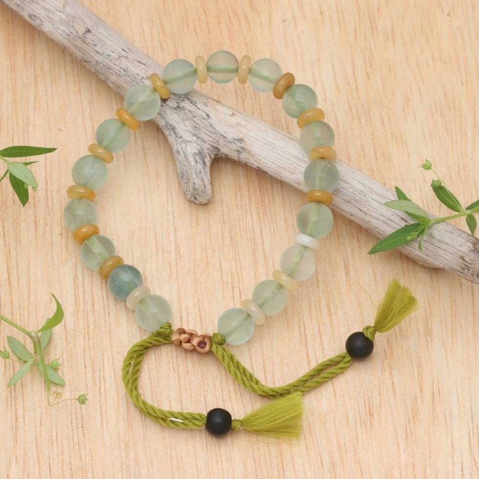 Bohemian Adjustable Fluorite and Beryl Beaded Yoga Bracelet 'Frosted Glam'