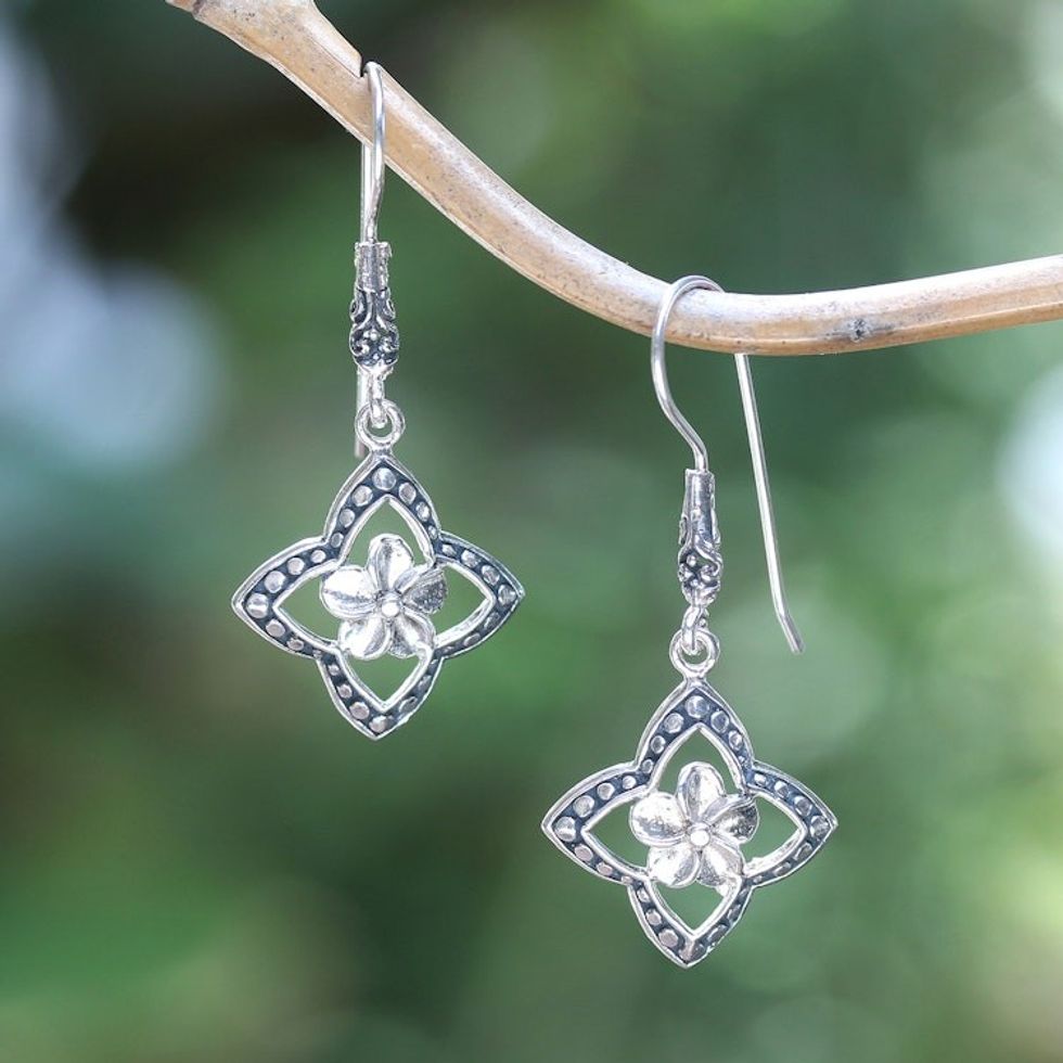 Frangipani-Themed Sterling Silver Floral Dangle Earrings 'Frangipani Spirit'