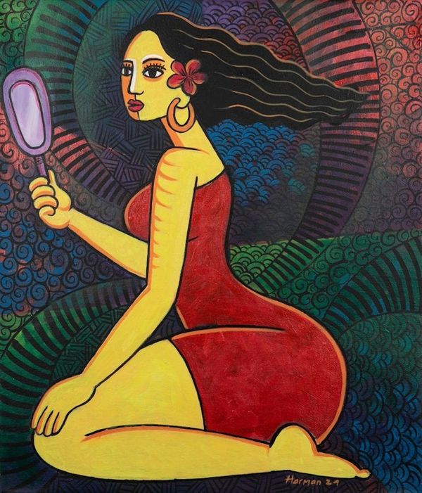 Alternate image for Expressionist Acrylic Painting of Woman and Mirror Reflection My Self