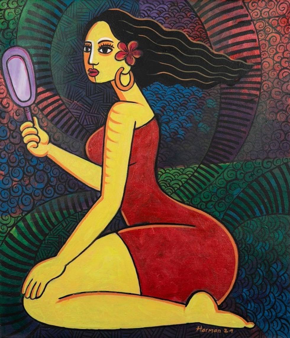 Expressionist Acrylic Painting of Woman and Mirror 'Reflection My Self'
