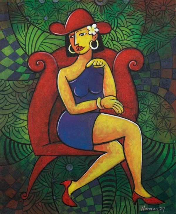 Alternate image for Signed Expressionist Acrylic Painting of Woman on Armchair Faithfully Waiting