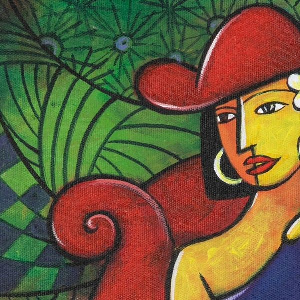 Alternate image for Signed Expressionist Acrylic Painting of Woman on Armchair Faithfully Waiting
