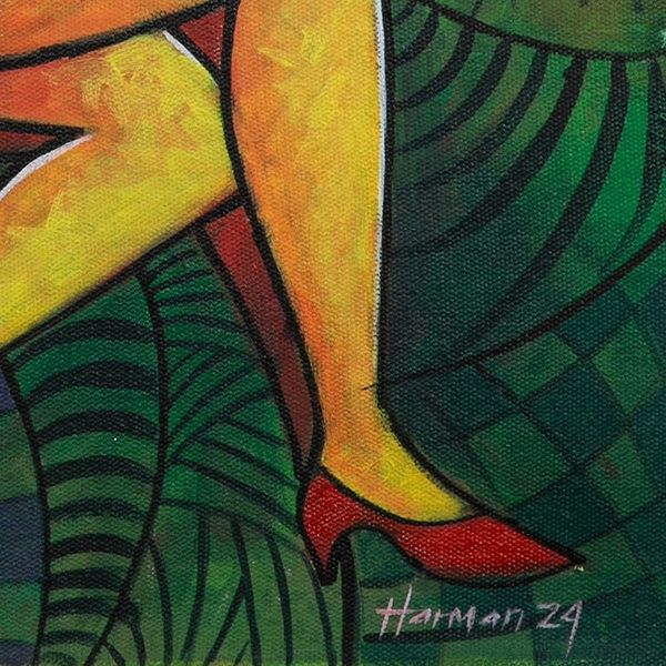 Alternate image for Signed Expressionist Acrylic Painting of Woman on Armchair Faithfully Waiting