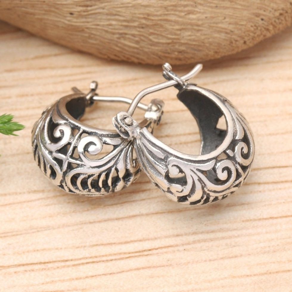 Polished Classic Sterling Silver Hoop Earrings from Bali 'Lady Elegance'