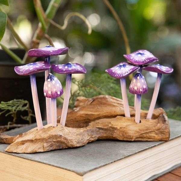 Alternate image for Handcrafted Nature-Themed Purple Mushroom Wood Sculpture Purple Tropic